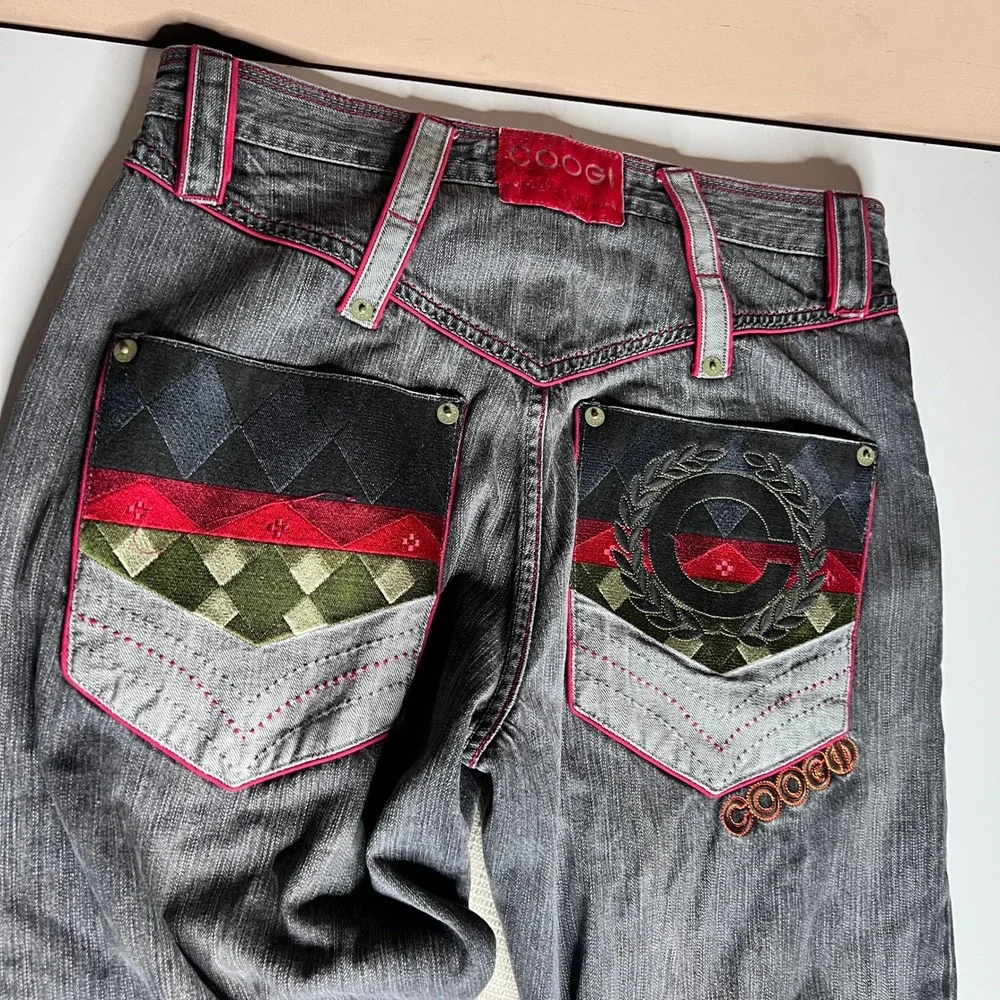 Coogi Jeans‎ Mens 36x34 Black Faded Denim Embroidered Patchwork Straight Leg Y2K